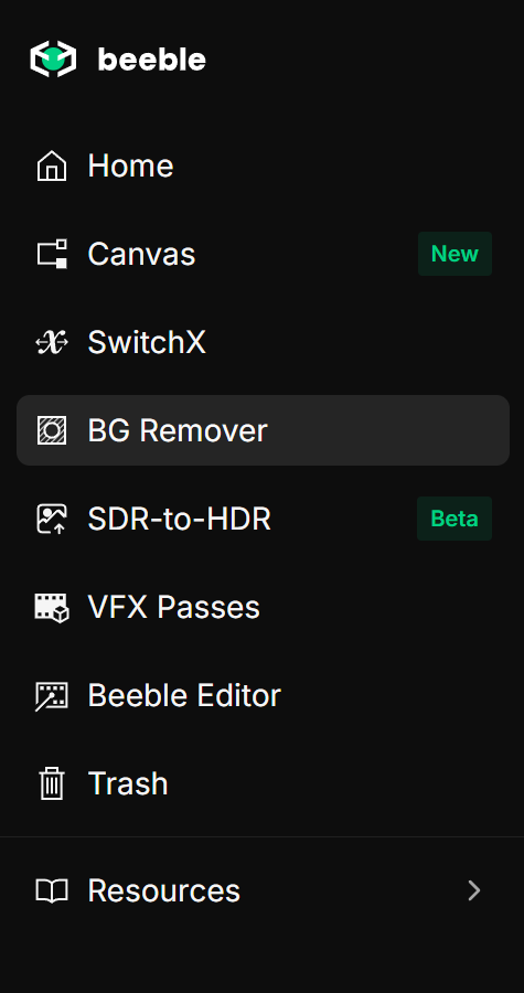 Menú de Background Remover en Beeble